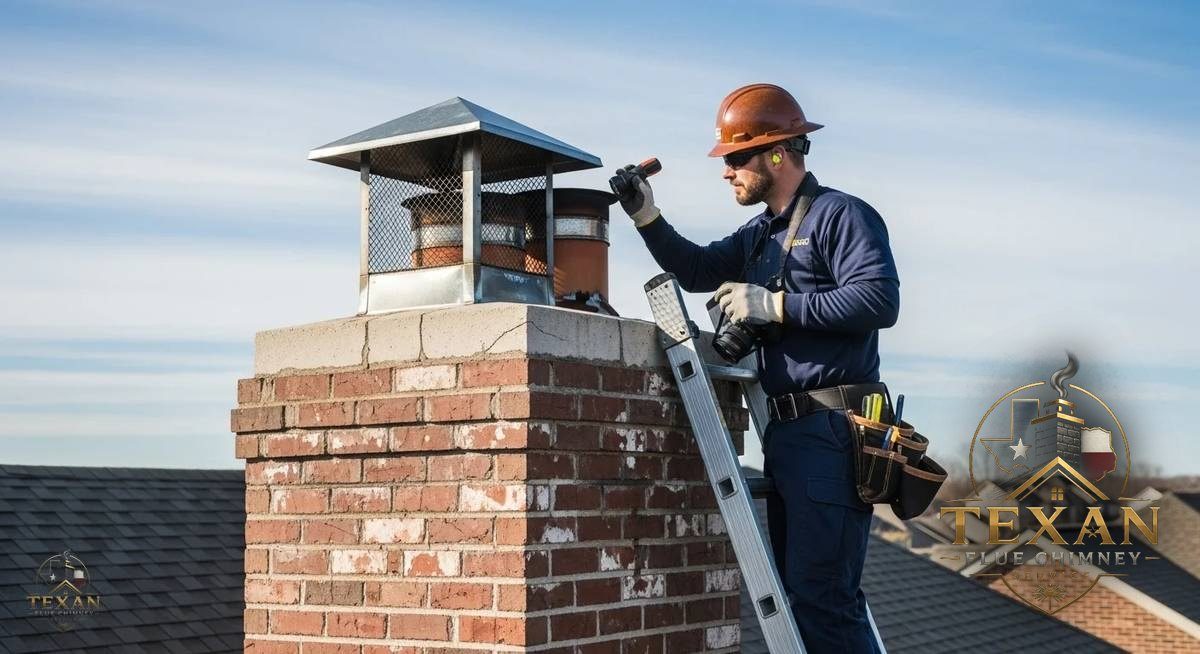 Texan Flue Chimney Service branded van and technician ready for a job in Dallas–Fort Worth