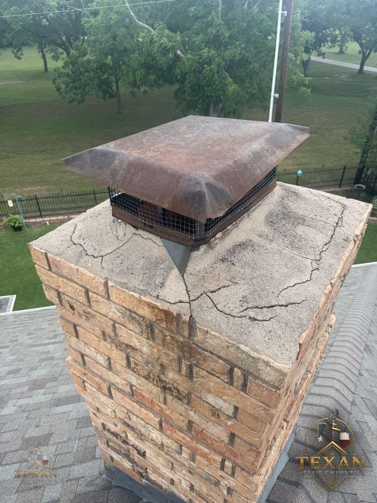 Cracked chimney crown before repair — DFW