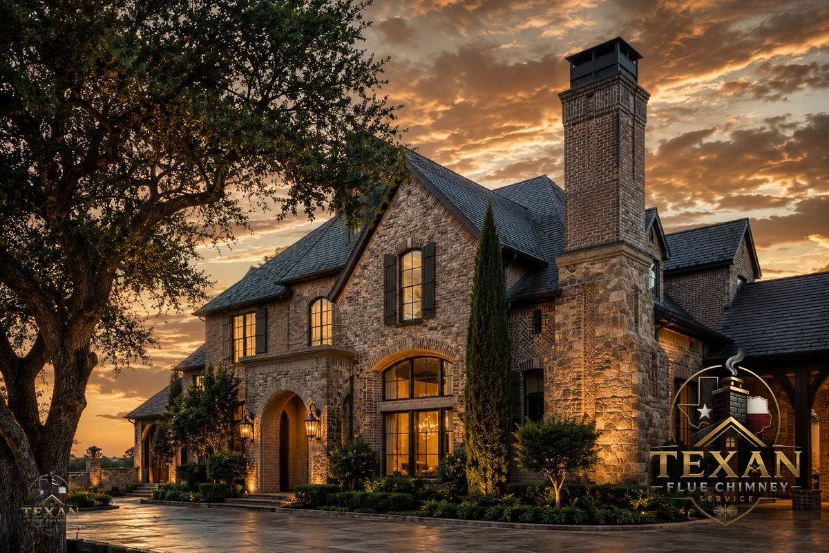 Luxury Texas estate at dusk — its chimney the crown jewel of the home