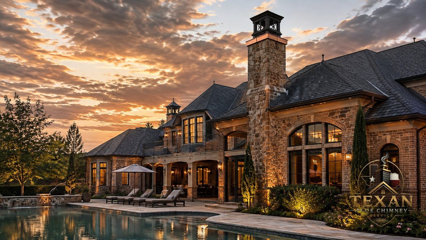 Luxury Dallas–Fort Worth estate at golden hour with a grand stone chimney and custom copper cap by Texan Flue